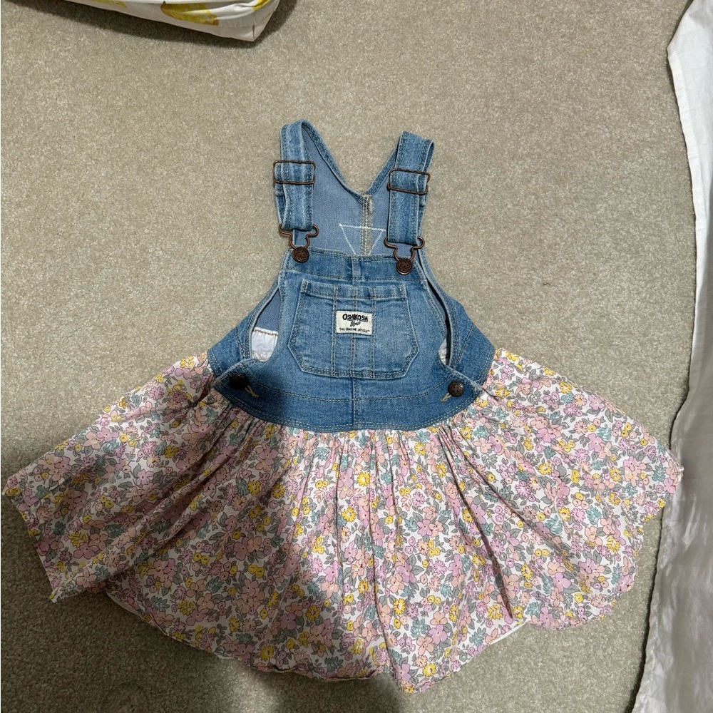 Osh Kosh B'Gosh Denim Overall Dress Girls 24 month Vestbak Floral Skirt